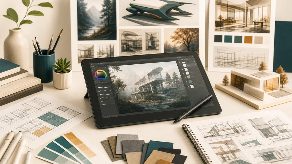 Semi-realistic creative production workspace with concept art boards and layout tools