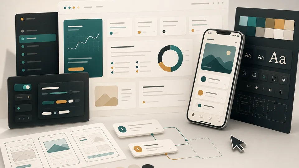 Semi-realistic product design workspace with dashboard and mobile interface mockups